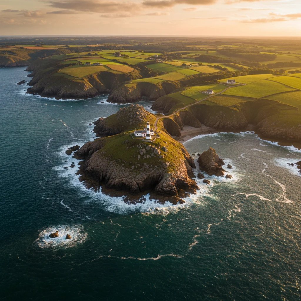 Côte sauvage du Finistère Nord en Bretagne, falaises granitiques et phare face à l'Atlantique