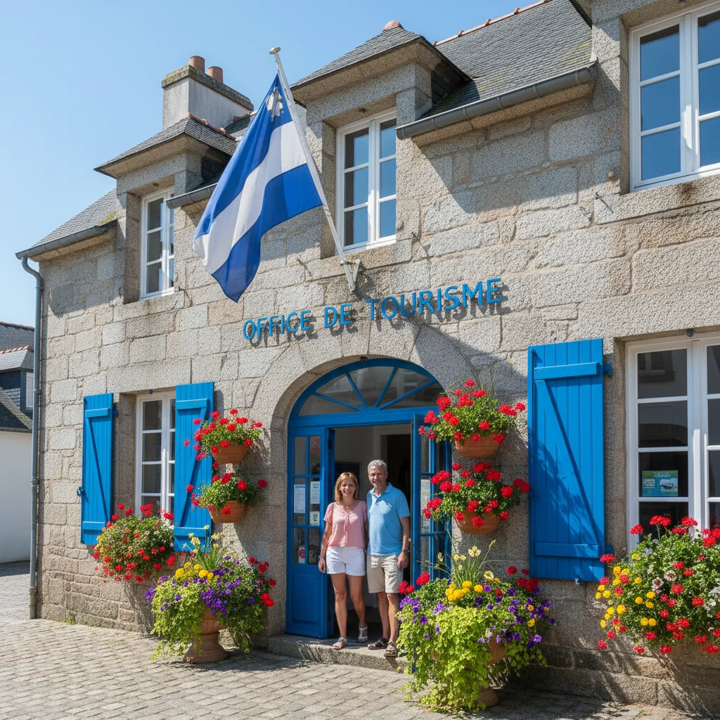 Office de tourisme de Carantec, bâtiment d'accueil avec drapeaux bretons, Finistère Nord